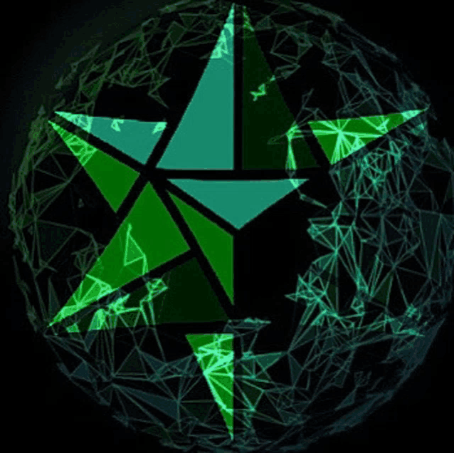 a green and blue star in a sphere of triangles