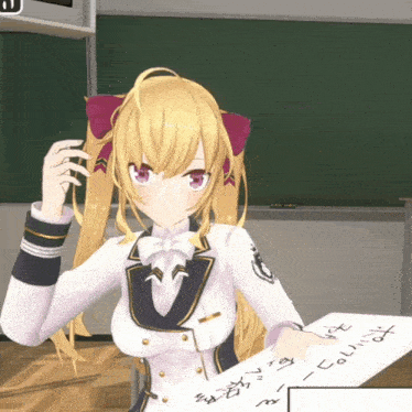a girl with blonde hair is holding a piece of paper with chinese writing on it in front of a blackboard