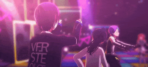 a group of anime characters are dancing on a stage and one of them is wearing a shirt that says ver ste on it