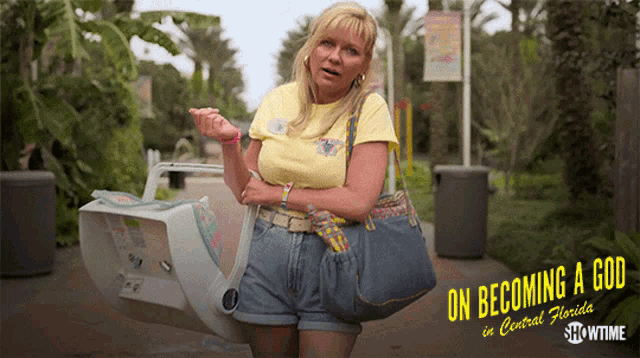 a woman in a yellow shirt is holding a purse and a sign that says on becoming a cop in central florida