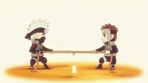 two cartoon characters are playing tug of war with a book .