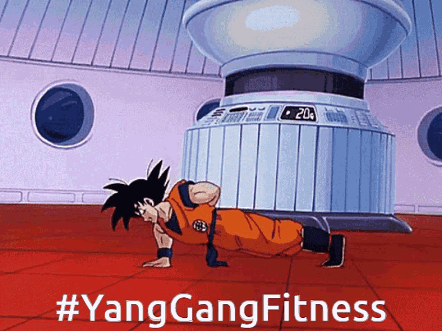 a cartoon of a man doing push ups with #yanggangfitness