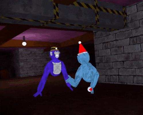 a blue monkey wearing a santa hat holds the hand of a blue monkey