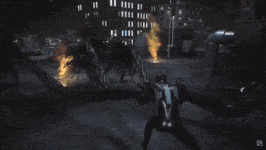 a man in a black suit is being struck by a lightning bolt
