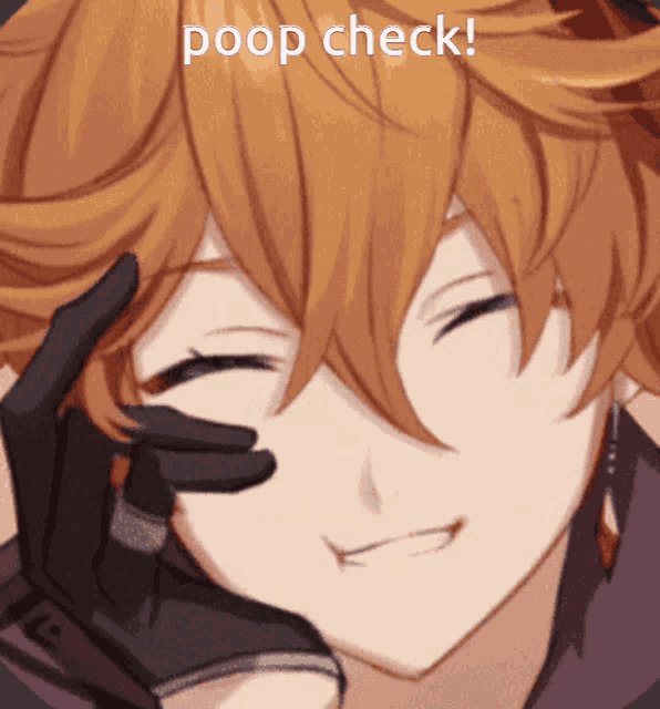 a close up of a person with the words poop check on the bottom