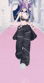 a girl with purple hair is wearing a bra and black pants