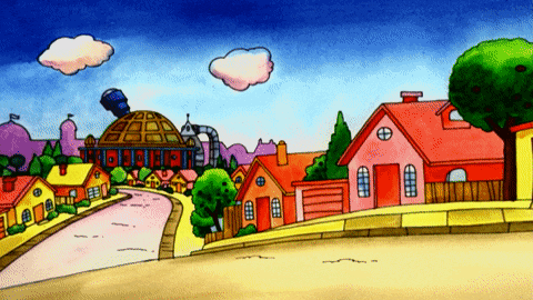 a cartoon drawing of a town with houses and trees