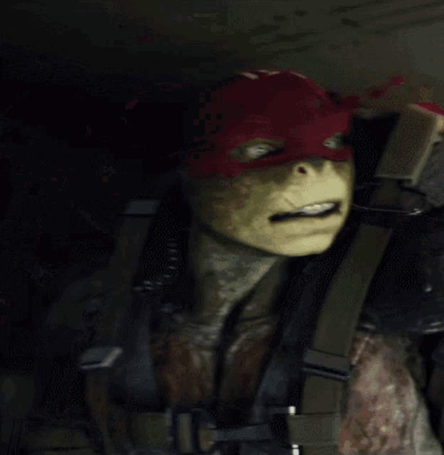 a close up of a turtle wearing a red mask and holding a green strap