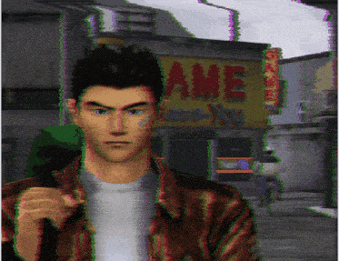 a pixelated image of a man standing in front of a game store
