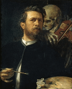 a painting of a man holding a brush with a skeleton behind him playing a violin
