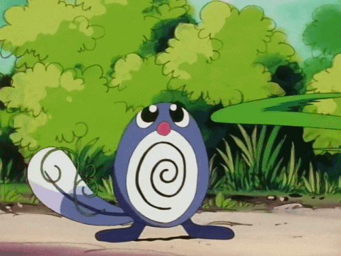 a blue cartoon character with a swirl on his face