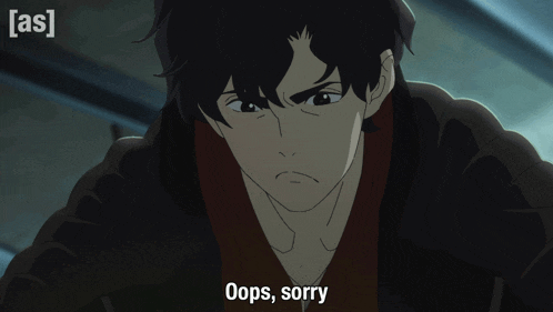 a cartoon of a man with the words oops sorry written below him