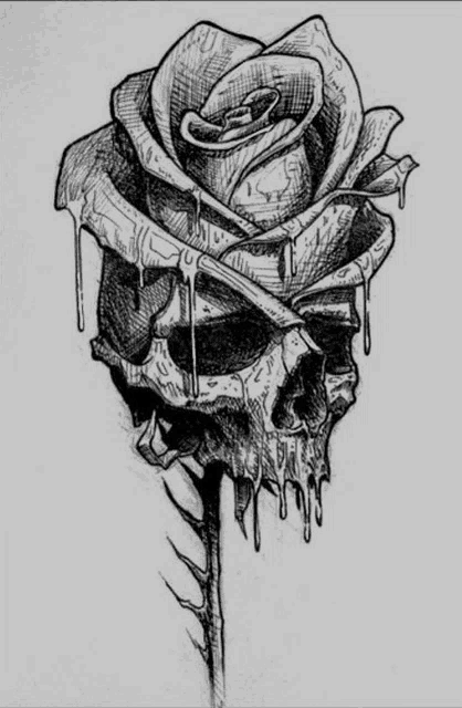 a black and white drawing of a skull and a rose with dripping petals .