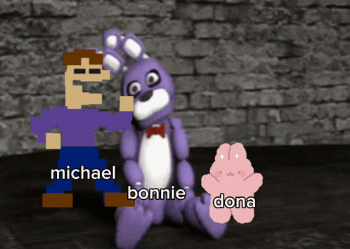 a cartoon of michael bonnie and dona with a purple bunny