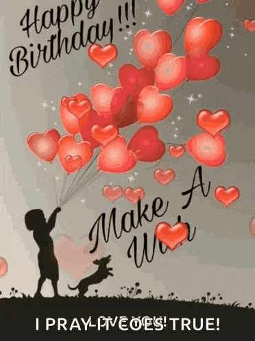 a happy birthday card with a boy holding a bunch of balloons in the shape of hearts .