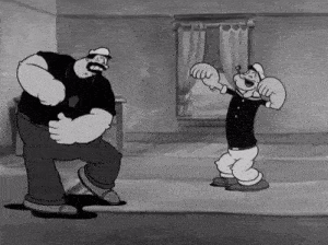 a black and white cartoon of two men dancing in a room .
