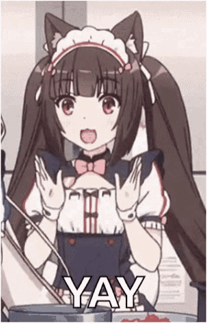 a girl in a maid outfit is making a funny face and saying yay .