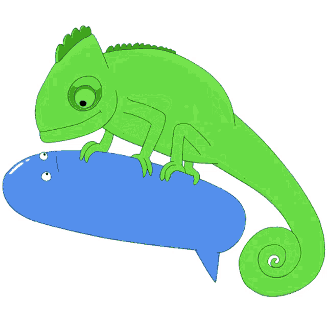 a green chameleon is laying on top of a blue bubble