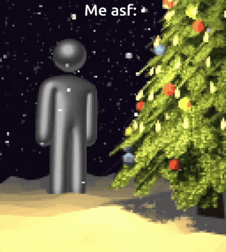 a pixel art drawing of a man standing next to a christmas tree