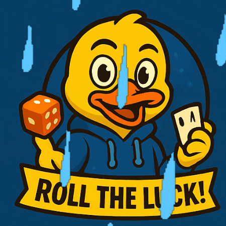 a duck holding a dice and a card with the words roll the luck
