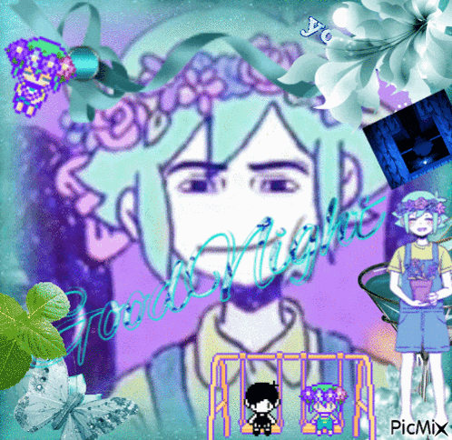 a picture of a boy with flowers in his hair and the words good night on the bottom