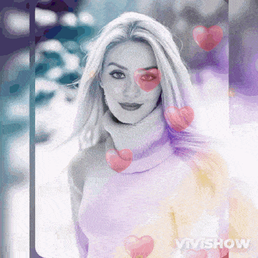 a woman in a turtleneck sweater is surrounded by pink hearts and the words vivishow on the bottom