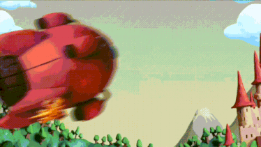 a cartoon drawing of a red rocket flying in the sky