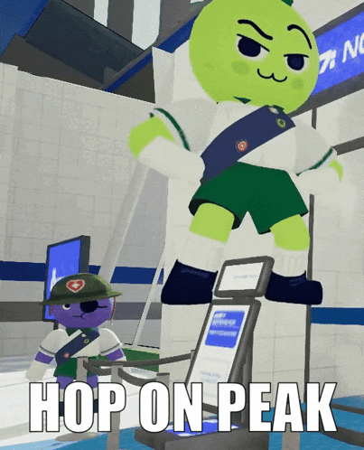 a cartoon character with the words hop on peak below him
