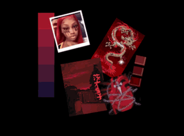 a woman with red hair is surrounded by red images