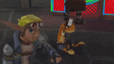 a video game character is standing next to a cat with a hat on it