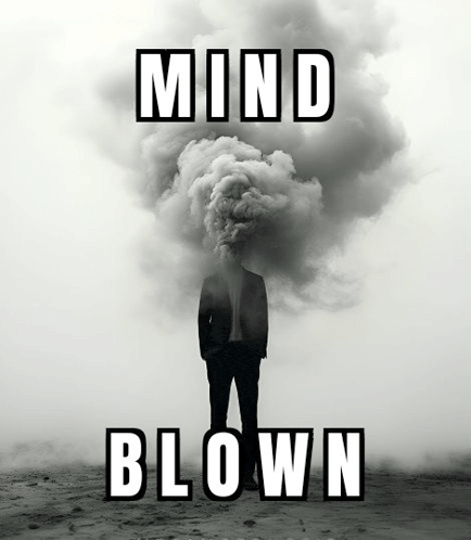 a man in a suit with smoke coming out of his head and the words mind blown below him