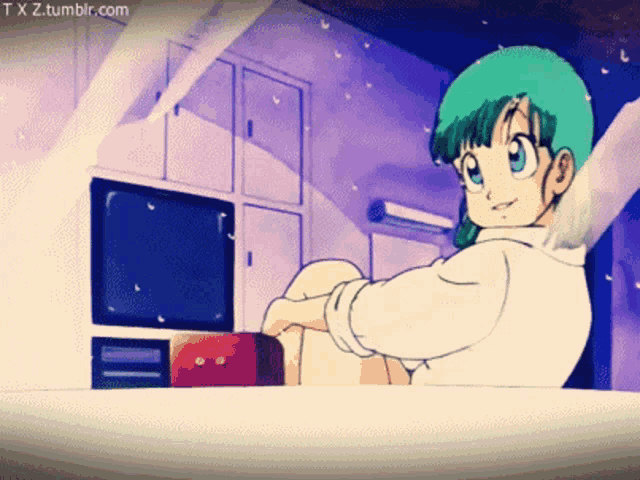 a girl with green hair is sitting in front of a tv and the website txz.tumblr.com is visible in the corner