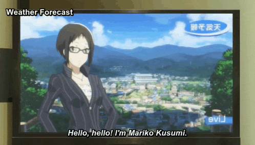 a tv screen shows a weather forecast and a woman says hello hello i 'm mariko kusumi