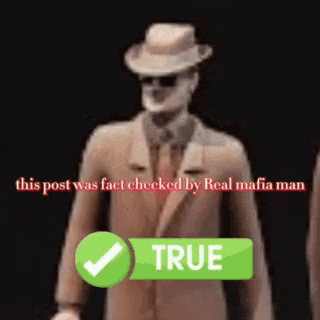 a picture of a man in a suit and hat with a check mark next to him that says true