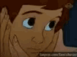 a close up of a cartoon character 's face with a hand on his ear