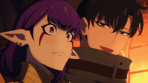 a man and a woman are standing next to each other and the woman has purple hair