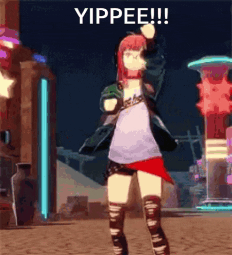 a cartoon girl is dancing in front of a sign that says yippee