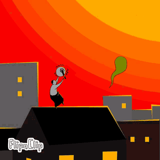 a cartoon of a man on a roof with flipa clip written on the bottom right