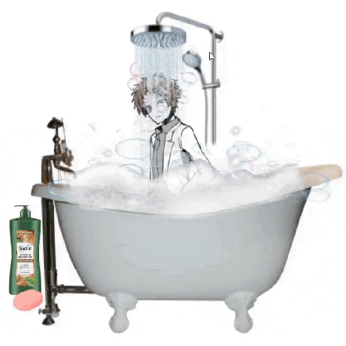 a man is taking a bath in a bathtub next to a bottle of soap
