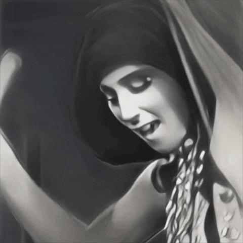 a black and white painting of a woman wearing a scarf