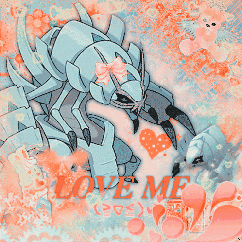 a drawing of a robot with a bow and the words love me