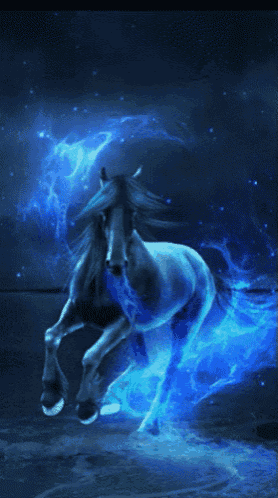 a blue horse is running in a dark room
