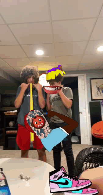a person wearing a vans shirt is blowing up a balloon