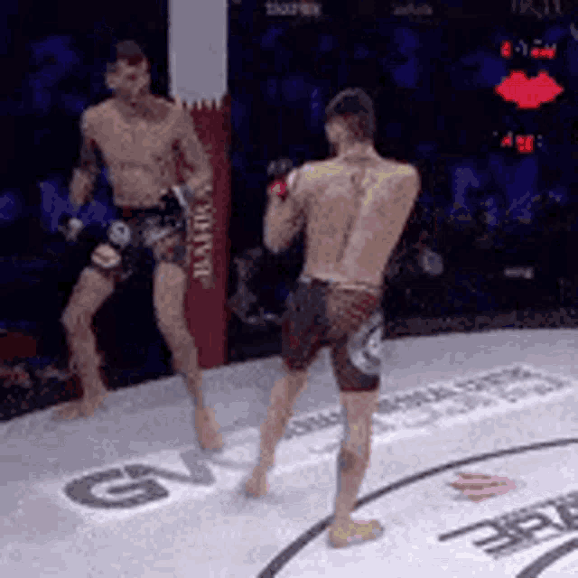 two men are fighting in a boxing ring on a boxing ring .