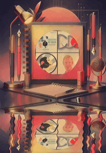 a painting of a desk with a cd that says executive full vision on it