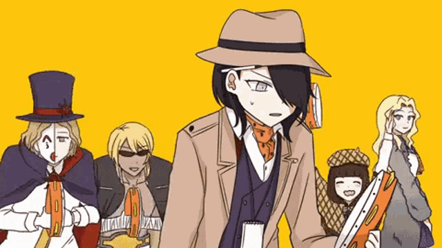 a group of cartoon characters including a man in a hat