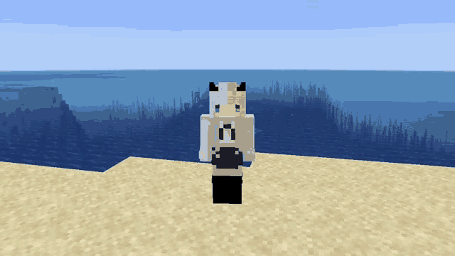 a girl with horns is standing on a sandy beach in minecraft