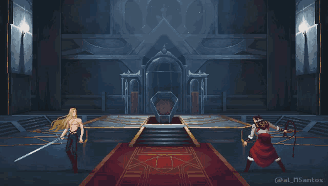 a pixel art of a man holding a sword and a woman holding a bow and arrow