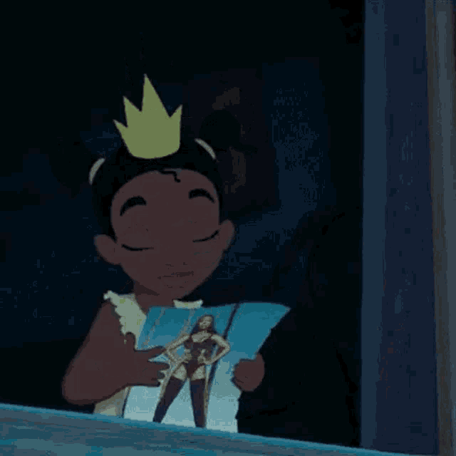 a cartoon girl wearing a crown is holding a picture of a woman in a bikini .
