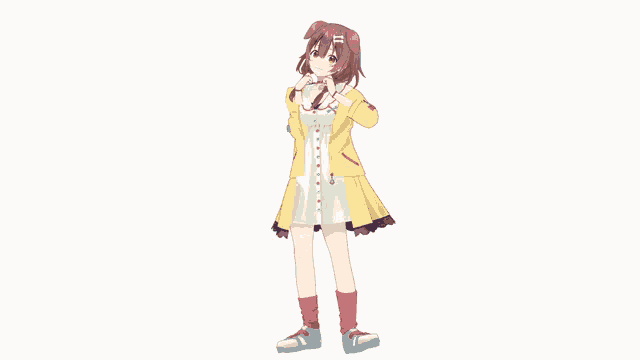 a girl with a dog ear and a red collar is wearing a yellow jacket